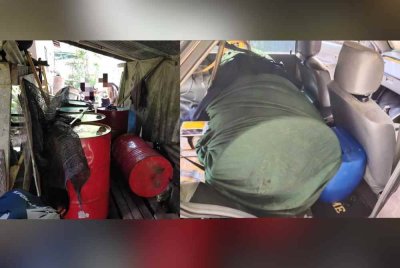 Bengkel mengecat dan kenderaan yang disyaki digunakan sebagai stor simpanan minyak petrol. Foto: KPDN