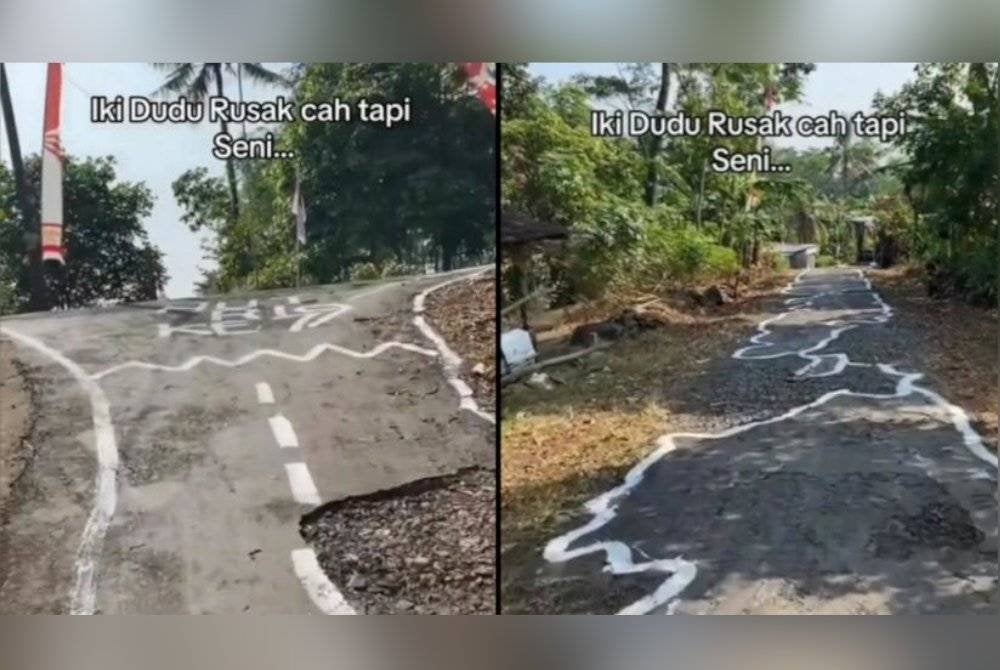 'Hasil seni' dilakar di jalan yang rosak bagi menyindir pemerintah. Agensi