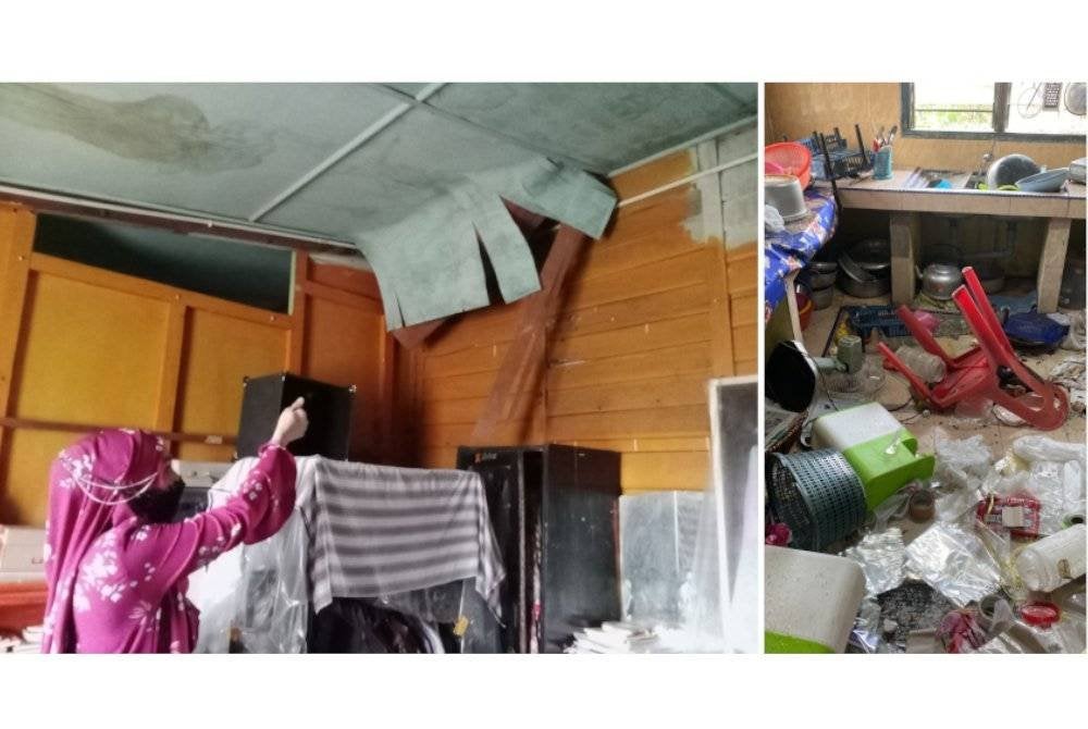 Nor Evawani menunjukkan siling rumahnya yang rosak angkara sekumpulan beruk. (Kanan: Keadaan dapur di rumah Nor Evawani ketika kejadian.)