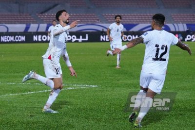 Wessam Abou Ali penjaring gol Palestin ketika menentang Jordan dalam aksi Kumpulan B Pusingan Ketiga Kelayakan Piala Dunia 2026 Zon Asia di Stadium Bolasepak Kuala Lumpur, Cheras. Foto Sinar Harian-MOHD HALIM ABDUL WAHID