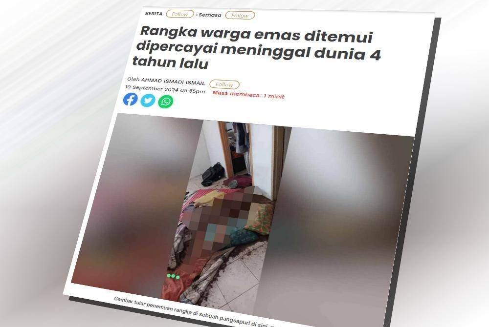 BERITA mengenai penemuan rangka warga emas yang disiarkan Sinar Harian. 