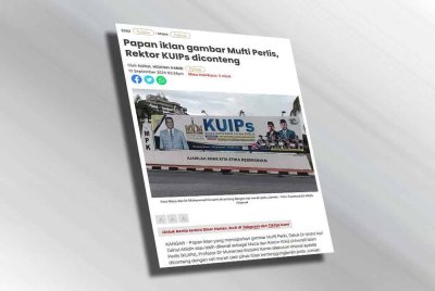 Laporan Sinar Harian berhubung kes khianat gambar Mufti Perlis dan Rektor KUIPs pada papan iklan di Bulatan Persiaran Jubli Emas, Kangar.