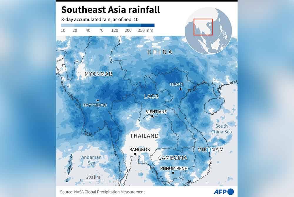 Peta menunjukkan taburan hujan di utara Vietnam, Laos dan Thailand serta Myanmar selepas Taufan Yagi membadai.