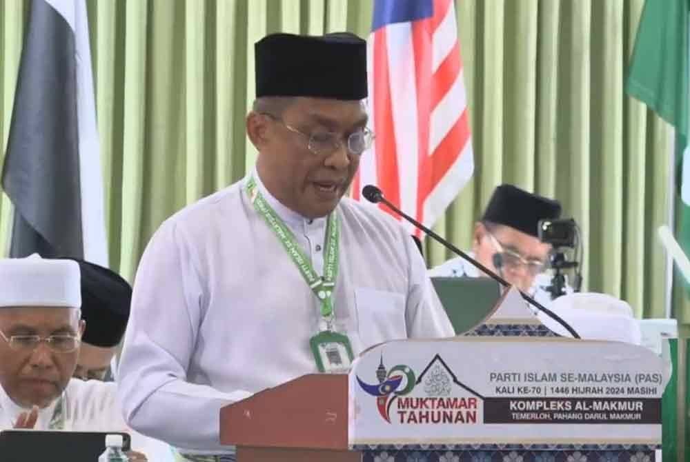 Takiyuddin ketika ucaptama Muktamar Pas ke-70 di Kompleks Al-Makmur pada Sabtu.