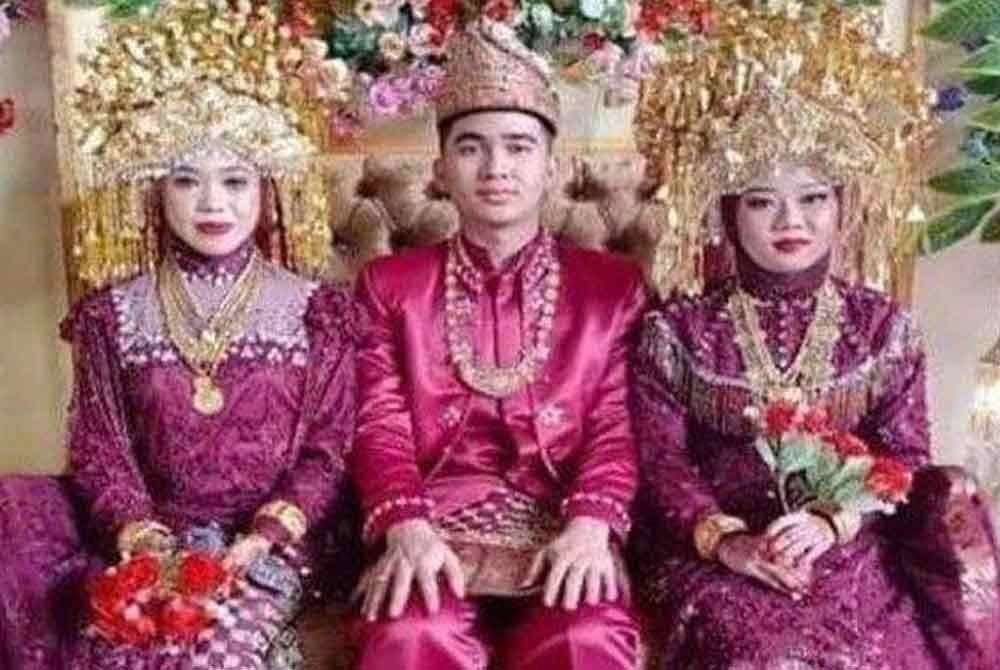 Seorang lelaki di Sumatera Selatan, Indonesia menjadi bualan apabila bersanding bersama dua isterinya. Foto Agensi
