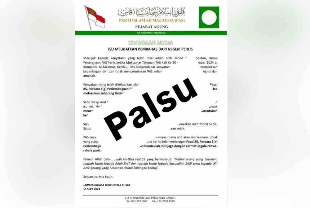 Jabatan Penerangan dan Media Baharu Pas Pusat menegaskan kenyataan media berhubung tindakan disiplin terhadap Perwakilan Pas Perlis adalah palsu.