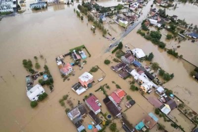Pemandangan dari udara banjir di Litovel, Moravia Tengah di utara Brno, Republik Czech. Foto AFP