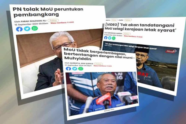 Laporan Sinar Harian berhubung penolakan PN terhadap draf MoU peruntukan ahli Parlimen pembangkang.