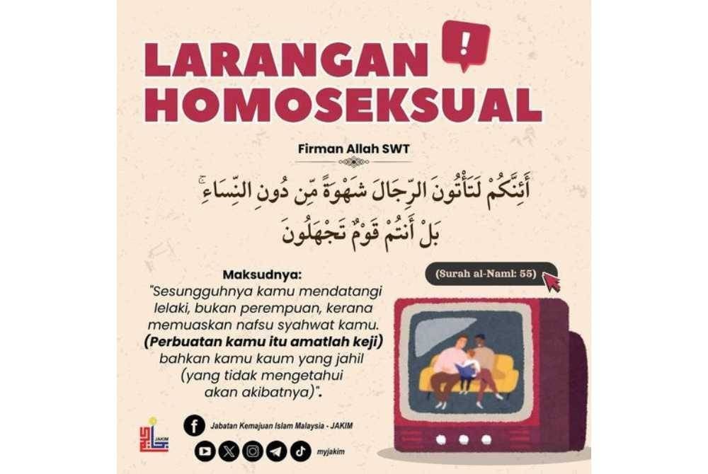 INFOGRAFIK tentang larangan homoseksual yang dikongsikan oleh JAKIM di laman sosial Facebook miliknya pada Rabu.