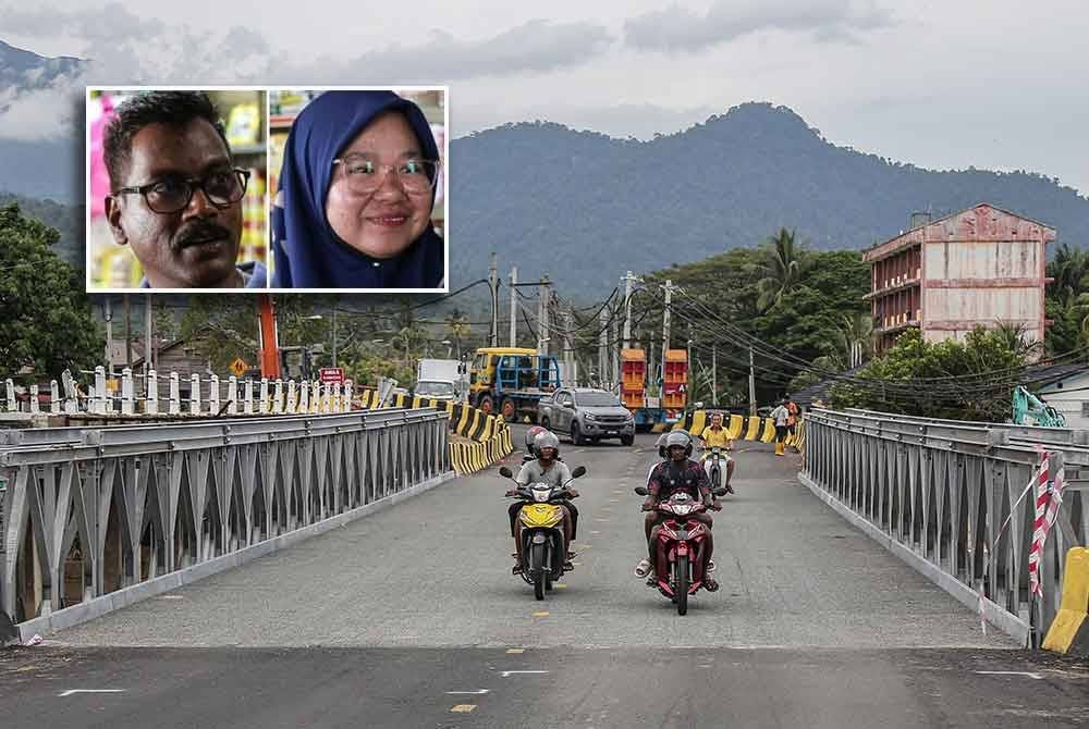 Lega dan gembira, itu perasaan yang diluah penduduk di Kampung Slim, Slim River dekat sini apabila jambatan Bailey di Jalan Slim River-Behrang Hulu siap dan dibuka untuk kegunaan orang ramai bermula semalam. - Foto: Bernama (Gambar kecil: Ramadass, Nurhanisah)