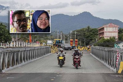 Lega dan gembira, itu perasaan yang diluah penduduk di Kampung Slim, Slim River dekat sini apabila jambatan Bailey di Jalan Slim River-Behrang Hulu siap dan dibuka untuk kegunaan orang ramai bermula semalam. - Foto: Bernama (Gambar kecil: Ramadass, Nurhanisah)