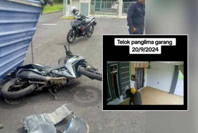Motosikal dinaiki anggota polis yang dirempuh kenderaan suspek dalam kejadian di kawasan perumahan Telok Panglima Garang di sini pada Jumaat. Gambar kecil: rakaman kamera litar tertutup (CCTV) memaparkan suspek memecah masuk sebuah rumah di lokasi kejadian.
