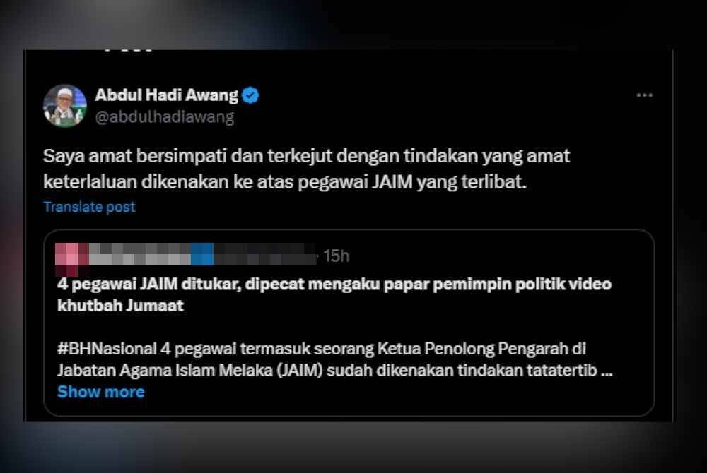 Tangkap layar kenyataan Abdul Hadi di aplikasi X pada Isnin.