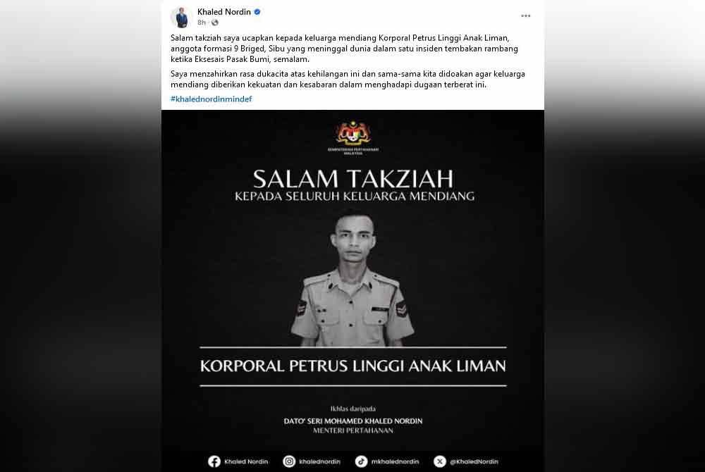 Tangkap layar ucapan takziah Mohamed Khaled Nordin kepada Koperal Petrus Linggi Liman di Facebooknya pada Selasa