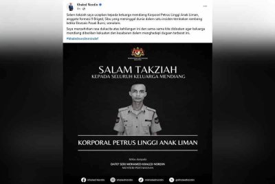 Tangkap layar ucapan takziah Mohamed Khaled Nordin kepada Koperal Petrus Linggi Liman di Facebooknya pada Selasa