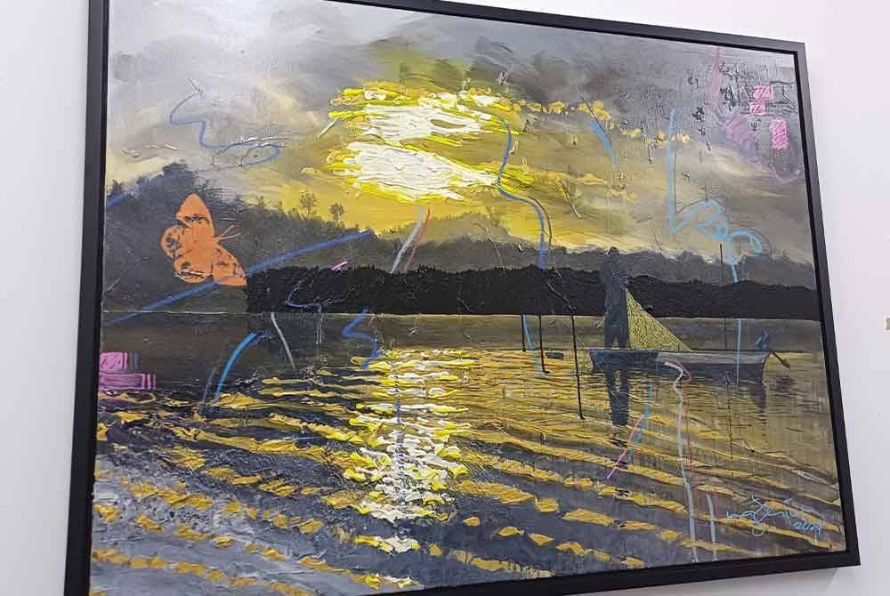 Lukisan pemandangan di Tasik Chini yang dihasilkan Ahmad Nazrin.