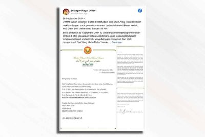 Hantaran di Facebook Selangor Royal Official berhubung permohonan maaf daripada Muhammad Sanusi.