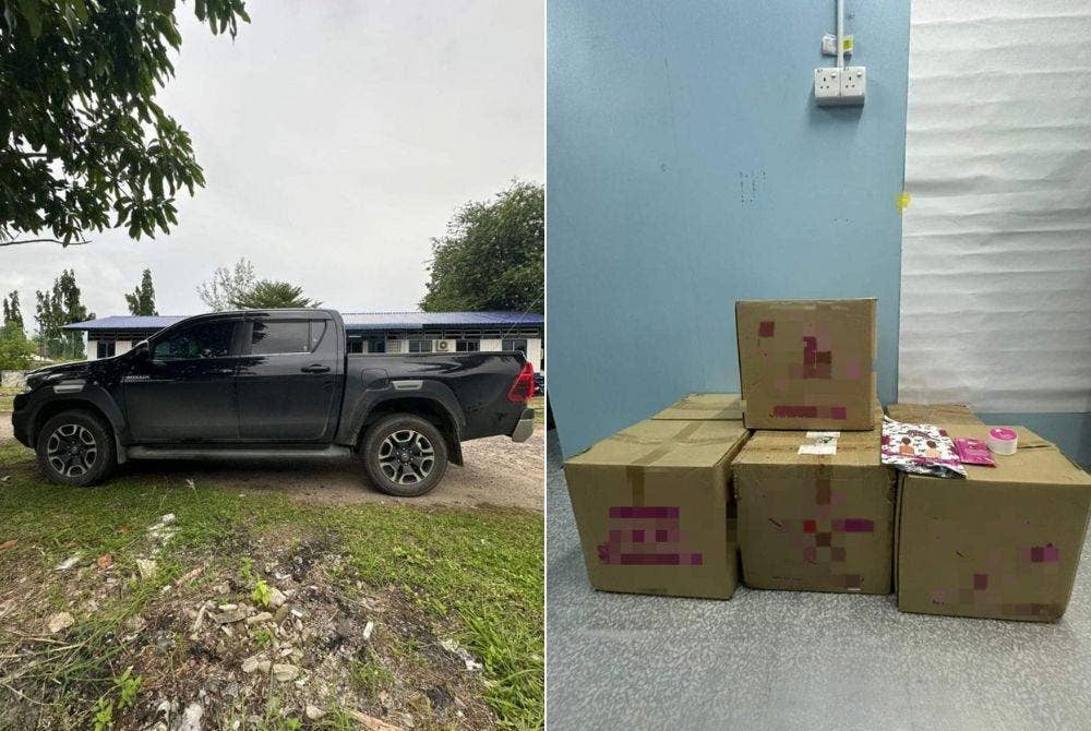 Seorang wanita ditahan semasa mengambil barangan kosmetik yang diseludup di pangkalan haram Tanjung, Tumpat pada Khamis. Gambar kanan: Barangan kosmetik yang dirampas.