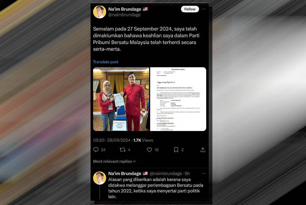 Hantara Na'im di aplikasi X mengenai pemberhentian keahliannya dalam Bersatu.