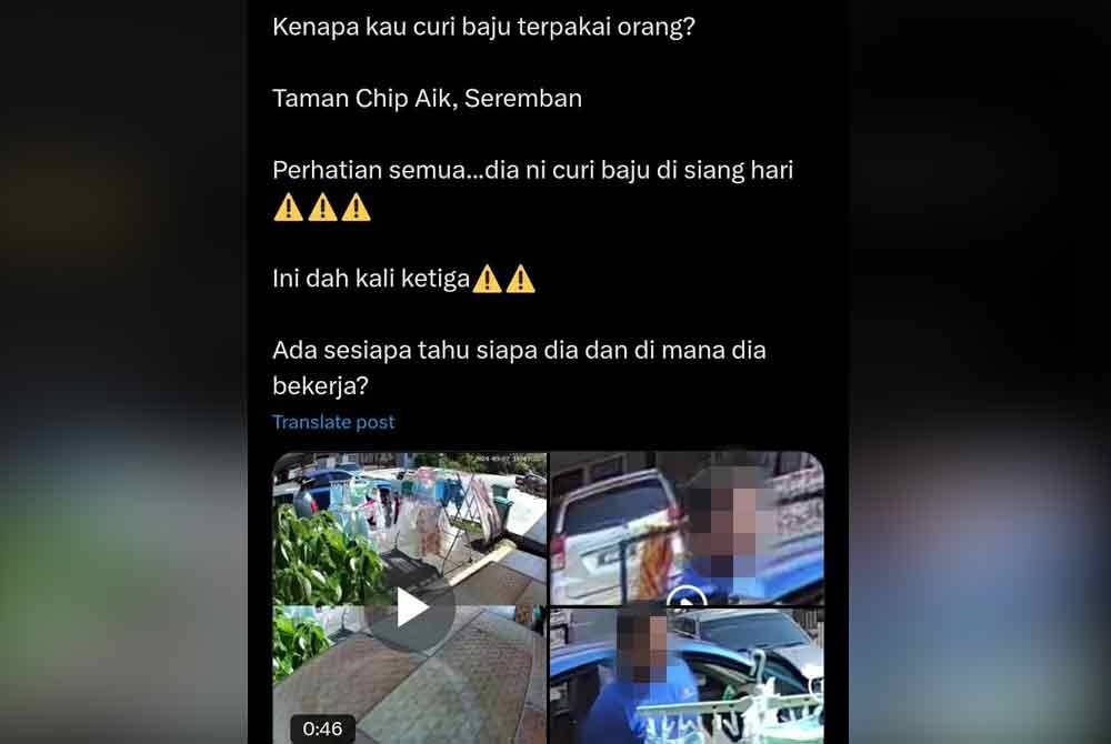 Sebelum ini tular di aplikasi X video rakaman kamera litar tertutup (CCTV) memaparkan seorang lelaki melakukan perbuatan tersebut pada waktu siang malah mendakwa itu merupakan kejadian ketiga. Foto media sosial.