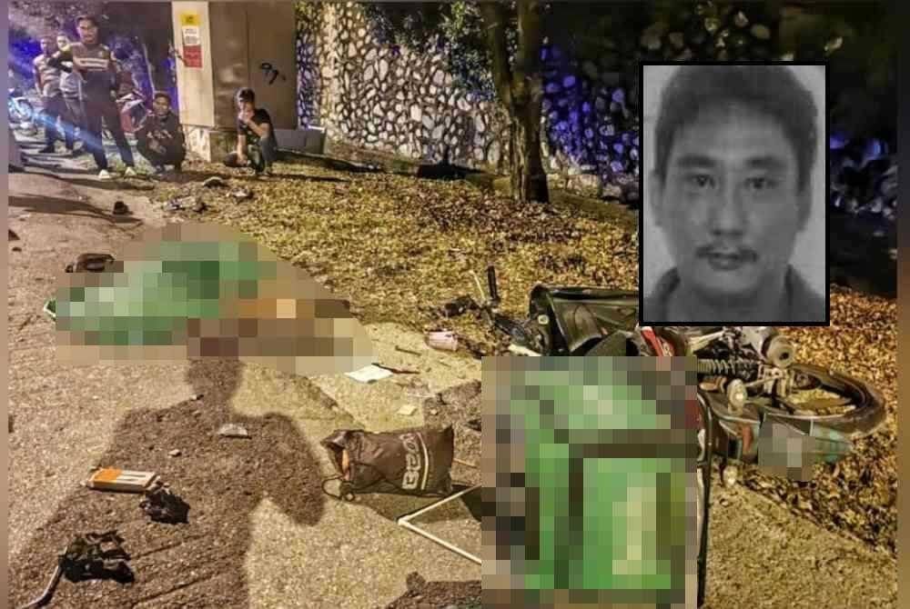 Mangsa dan motosikalnya terbabas dalam kemalangan itu di Jalan Ayer Keroh-Gapam pada malam Isnin. Gambar kecil: Tian Hau