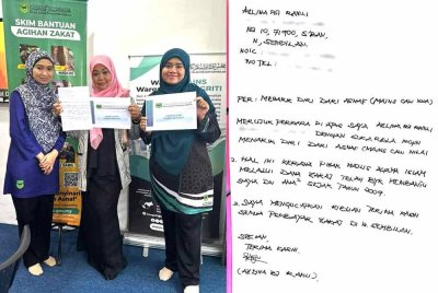 Azlina (tengah) hadir ke Baitulmal menyerahkan surat mahu keluar daripada senarai penerima bantuan asnaf - Foto: MAINS