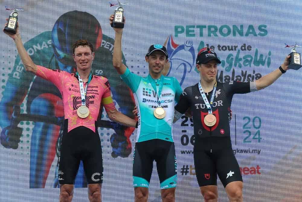 Pelumba VF Group-Bardiani-CSF-Faizane, Manuele Tarozzi (tengah) memenangi Peringkat Keenam perlumbaan Le Tour de Langkawi (LTdL) 2024 sejauh 123.4km dari Batu Pahat ke Kulai, Johor hari ini.
Diikuti pelumba EF Education-EasyPost Stefan de Bod (kiri) tempat kedua dan pelumba Tudor Pro Cycling Team, Arvid De Kleijn (kanan) meraih tempat ketiga. Foto Bernama