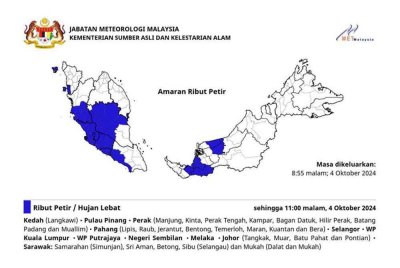 MetMalaysia mengeluarkan amaran ribut petir dan hujan lebat melanda hampir semua negeri sehingga 11 malam ini.