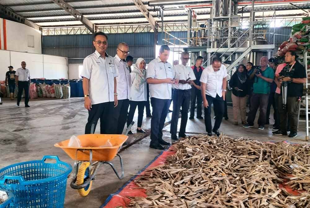 Mohamad Nizar (tengah) melihat kayu gaharu yang diproses ketika lawatan ke Taman Industri di Kampung Sempadan dekat Lanchang pada Isnin.