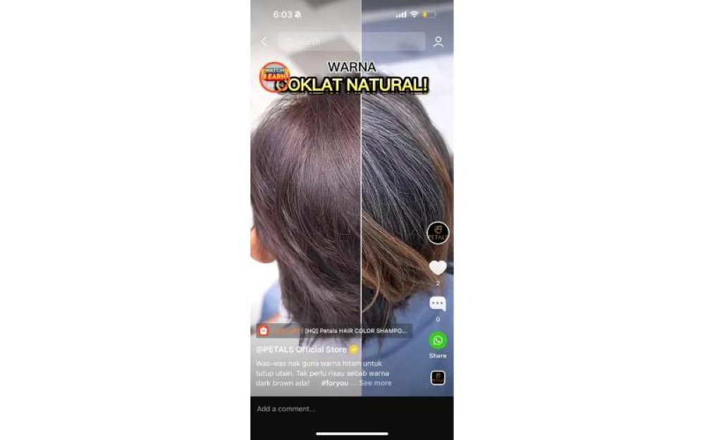 Shopee Video Petals menunjukkan kesan sebelum dan selepas penggunaan Hair Color Shampoo.