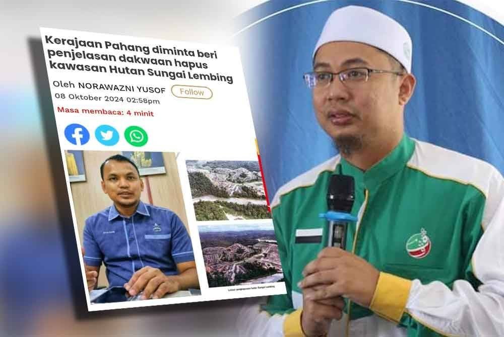 Keratan Sinar Harian mengenai permintaan Mohamad Ayub supaya Kerajaan Pahang beri penjelasan berhubung dakwaan penjarahan Hutan Sungai Lembing. Gambar kanan: Ahmad Azlan