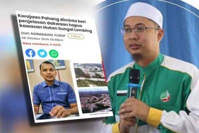 Keratan Sinar Harian mengenai permintaan Mohamad Ayub supaya Kerajaan Pahang beri penjelasan berhubung dakwaan penjarahan Hutan Sungai Lembing. Gambar kanan: Ahmad Azlan