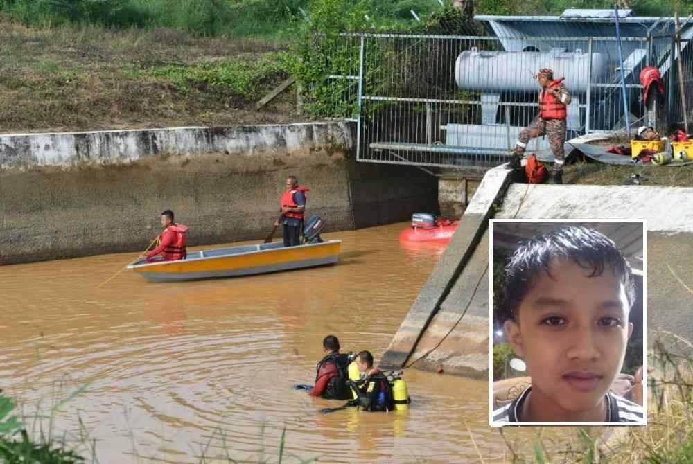 Anggota bomba melakukan operasi mencari dan menyelamat pelajar Tingkatan Satu yang dikhuatiri lemas selepas mandi di pintu air Pangkal Kalong, Kampung Pagut, Pangkal Kalong Kok Lanas dekat sini. Gambar kecil: Shahiran Aidil