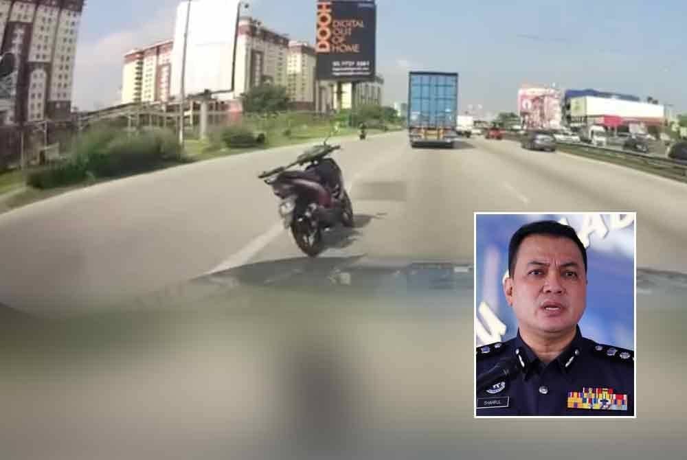 Tangkap layar rakaman video sebuah motosikal yang bergerak sendiri tanpa penunggang di Lebuhraya Persekutuan di Petaling Jaya. Gambar kecil: Shahrulnizam