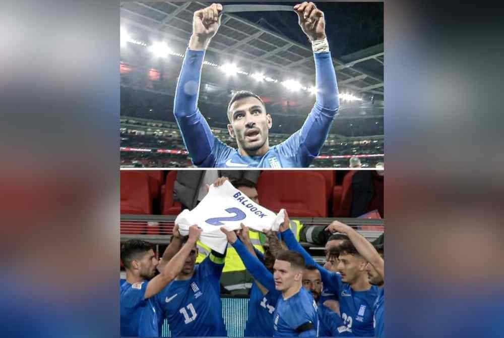 Pavlidis menunjukan lilitan hitam dan rakan sepasukan mengangkat jersi mendiang George Baldock semasa kemenangan Greece ke atas England di Wembley. Foto Agensi