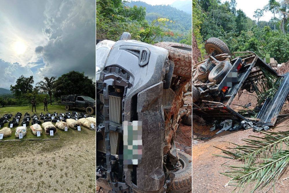 Penyeludup melarikan diri selepas pacuan empat roda muatan daun ketum dan sebuah motosikal dinaiki mereka terbalik di Padang Terap pada Jumaat. Foto Tentera Darat Malaysia