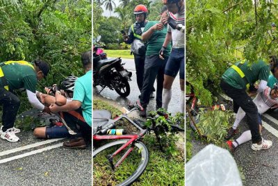 Syed Saddiq mengalami kecederaan ringan selepas basikal ditunggangnya terjatuh dan melanggar dahan pokok tumbang semasa menyertai Kejohanan Ironman Malaysia, di sini pada Sabtu. Foto tular/Ahmad Fadzil Ck