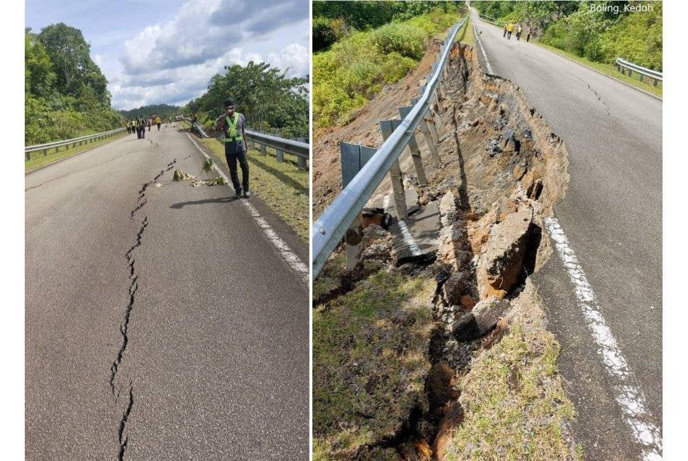 Keadaan runtuhan tebing jalan di laluan Jalan Tanjung Pari -Ulu Legong, Baling, Kedah. Foto JKR