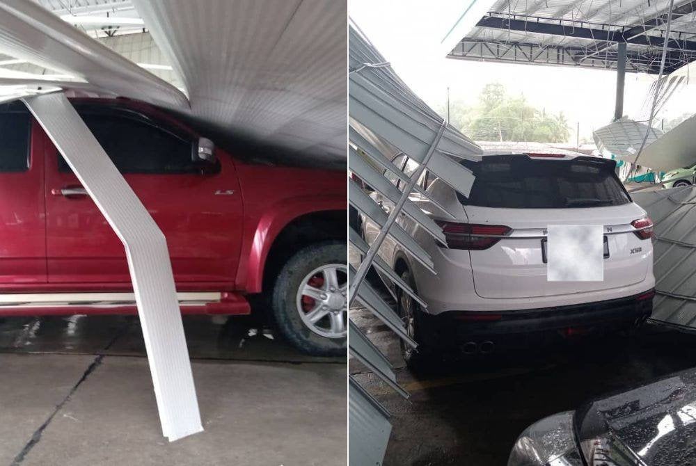 Kerja mengalihkan runtuhan siling yang menghempap kenderaan di sebuah stesen minyak di Batu 8 Bukit Garam, Kinabatangan.