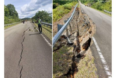 Keadaan runtuhan tebing jalan di laluan Jalan Tanjung Pari -Ulu Legong, Baling, Kedah. Foto JKR