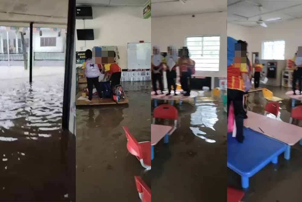Tangkap layar rakaman video beberapa murid Tabika Kemas di Jalan Hulu Klang, Ampang berdiri di atas meja selepas lokasi itu dilanda banjir pada Selasa.