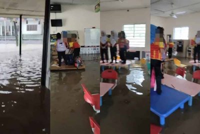 Tangkap layar rakaman video beberapa murid Tabika Kemas di Jalan Hulu Klang, Ampang berdiri di atas meja selepas lokasi itu dilanda banjir pada Selasa.