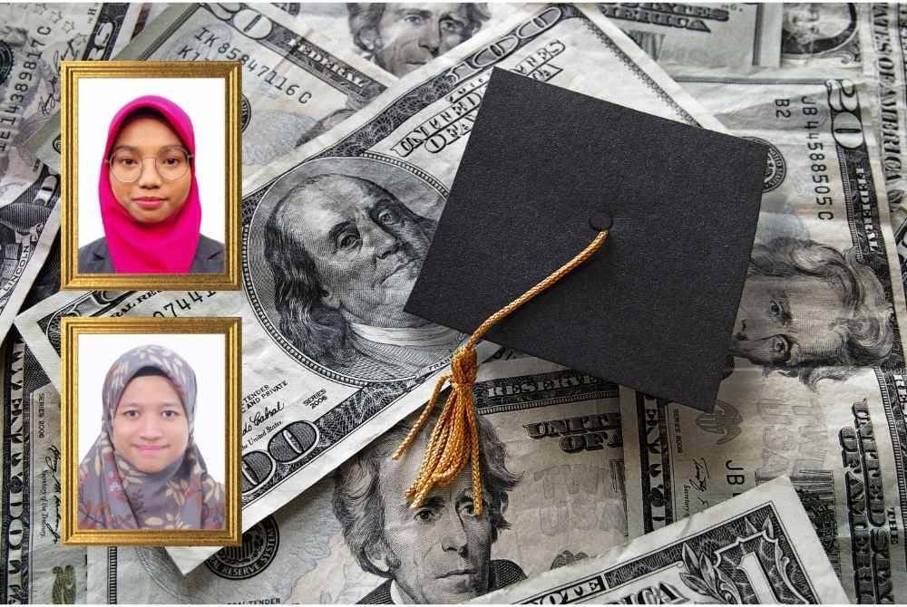 BEBANAN hutang terutamanya untuk pembiayaan pendidikan tinggi terus menghantui golongan mahasiswa dan anak muda ketika ini. Foto CANVA/Gambar kecil: UMMIE 'AFINA 'AWATIF (atas) dan AIMI ATHIRAH.