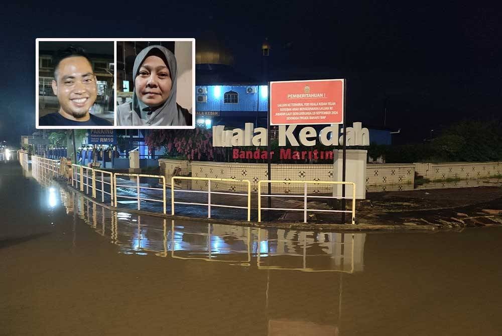 Kawasan Pekan Kuala Kedah turut dinaiki air pasang sebelum surut pada jam 2.30 pagi. Gambar kecil: Mohd Shaifuddin dan Mariati
