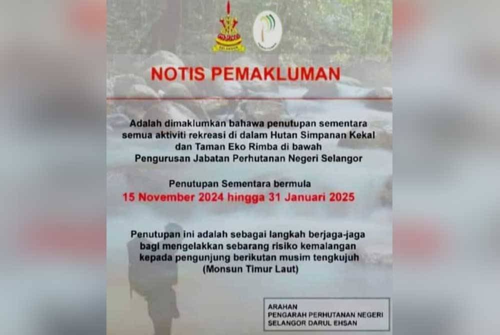 Penutupan sementara berkenaan sebagai langkah berjaga-jaga bagi mengelak sebarang risiko kemalangan kepada pengunjung berikutan musim Monsun Timur Laut.