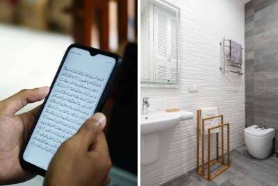 HARUS hukumnya kita membawa masuk telefon ke dalam tandas sekalipun di dalam gajet itu mengandungi aplikasi al-Quran dan seumpamanya kerana peranti itu hanyalah sebuah telefon sahaja, bukannya mashaf al-Furqan. -Foto: CANVA