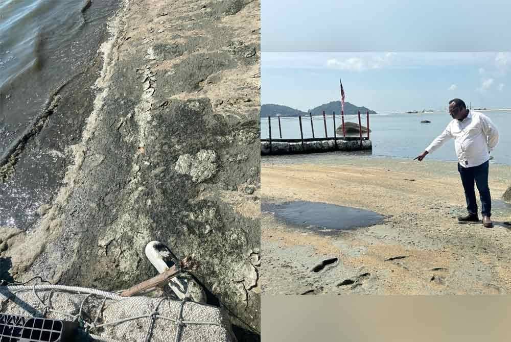 Annathurai (kanan) menunjukkan selut hitam yang memenuhi pesisiran pantai.