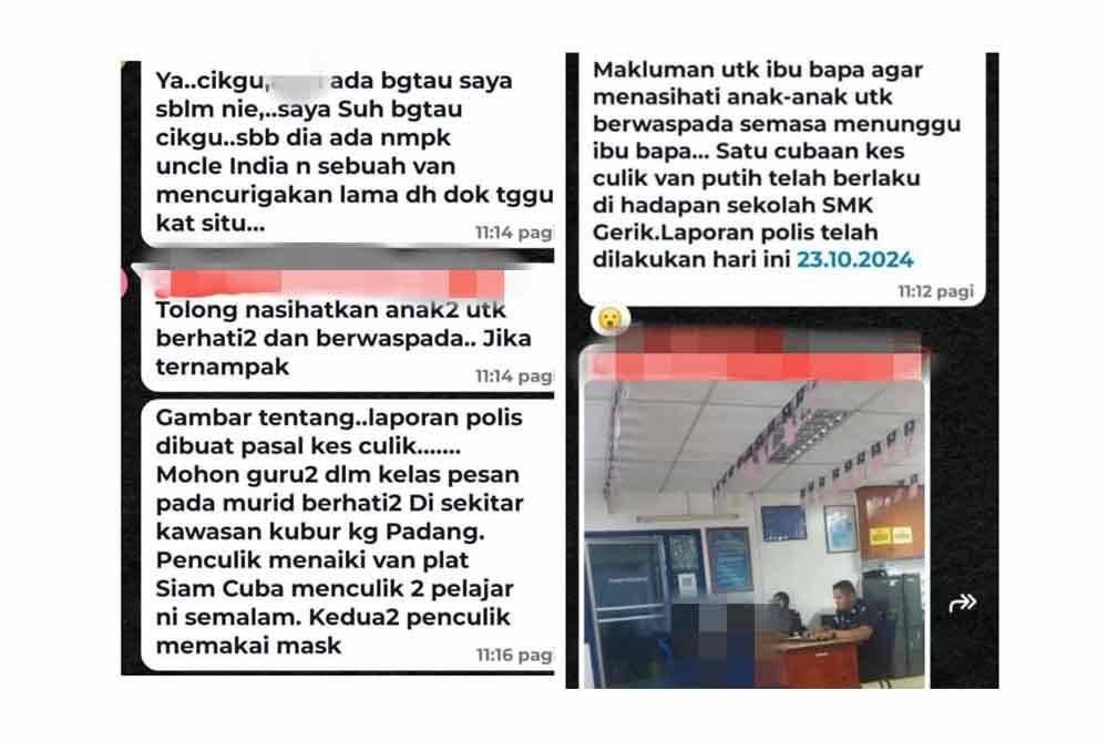 Tular mesej kumpulan sembang aplikasi WhatsApp berhubung kejadian cubaan culik dua pelajar sekolah di Gerik. Foto ihsan pembaca