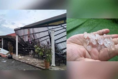 Antara kerosakan yang berlaku akibat bencana ribut di sekitar bandar Chukai, Kemaman pada petang Rabu. Ketulan ais (kanan) yang jatuh ketika hujan batu.