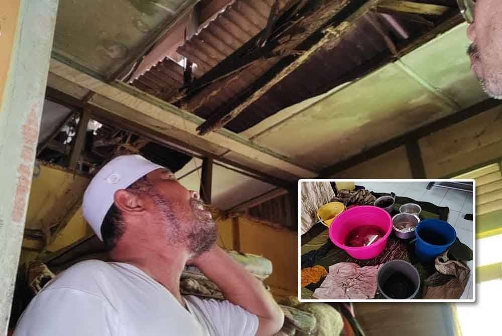 Mazelan melihat bumbung di bahagian bilik tidur rumahnya yang rosak. Gambar kecil: Mazelan sekeluarga terpaksa menadah air hujan menggunakan besen, periuk dan baldi, disebabkan bumbung di ruang tamu rumah yang bocor.